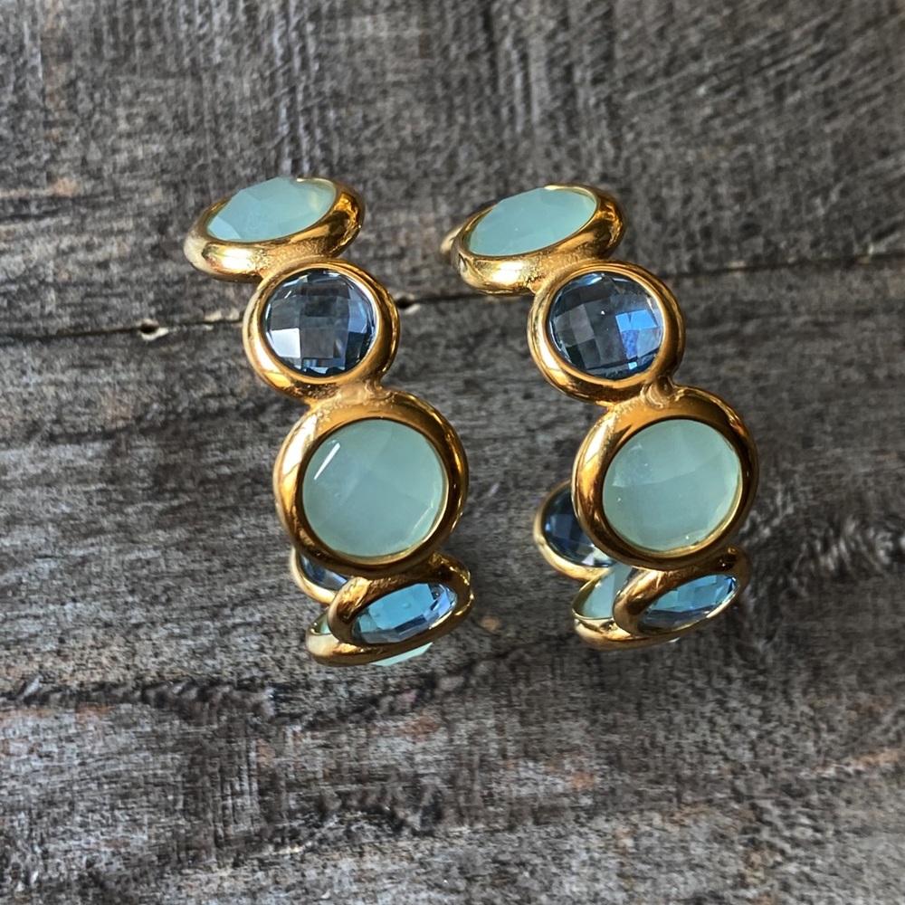 NEW Gold & Blue Stones Chunky Hoop Earrings - Picture 11 of 16